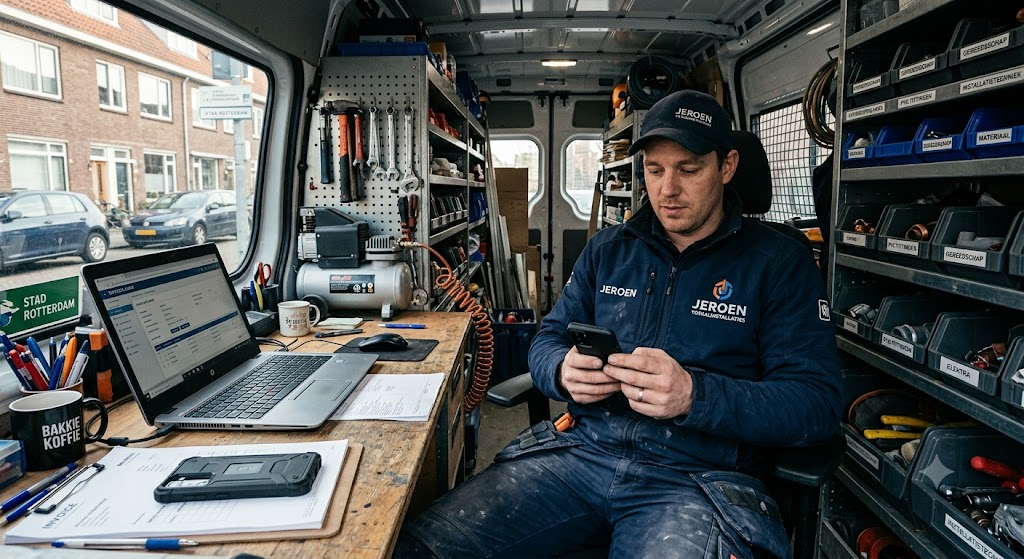 Installateur in zijn bedrijfsbus die op zijn telefoon kijkt, met de laptop en de werkbon naast zich