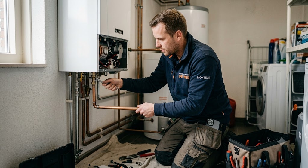 Monteur aan het werk bij een klant aan de cv-ketel, met zijn telefoon in zijn broekzak