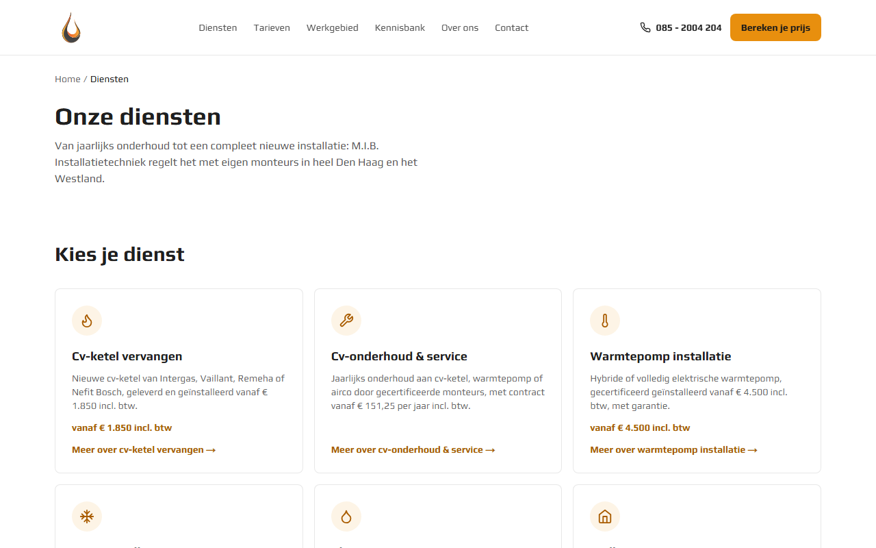 Dienstenpagina op de website van M.I.B.: kies je dienst, met een kaart per dienst