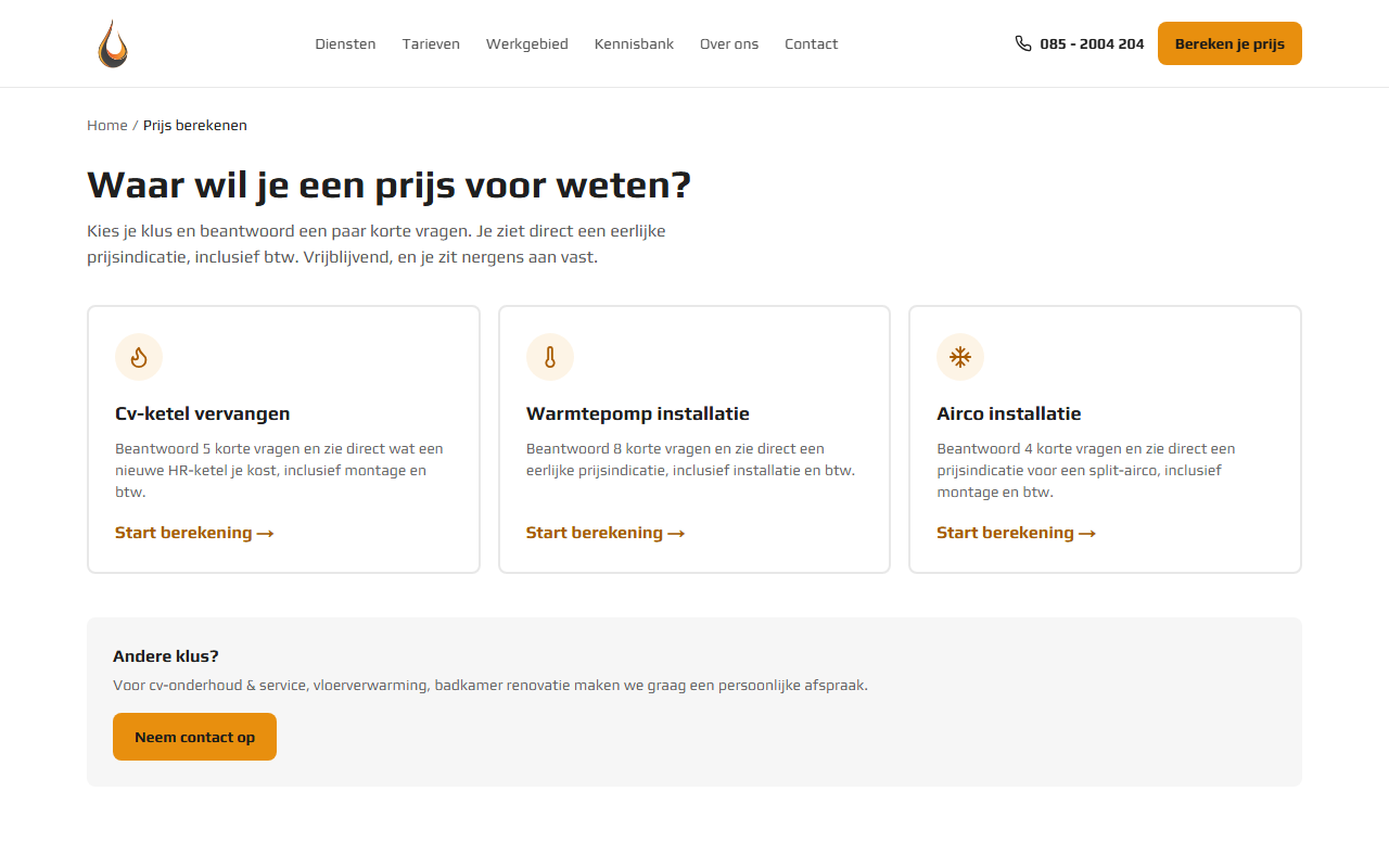 Prijs berekenen op de website van M.I.B.: kies cv-ketel, warmtepomp of airco