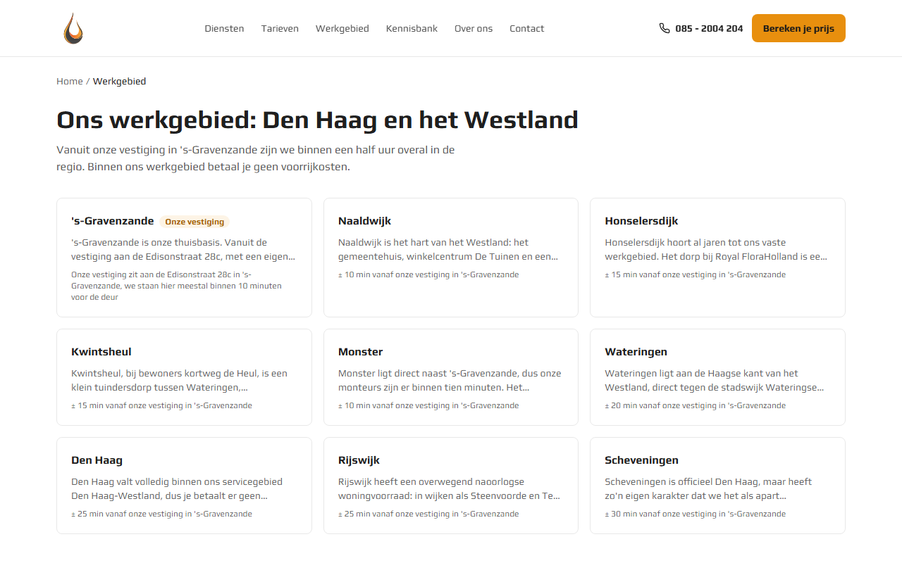 Werkgebiedpagina van M.I.B.: een kaart per plaats in Den Haag en het Westland