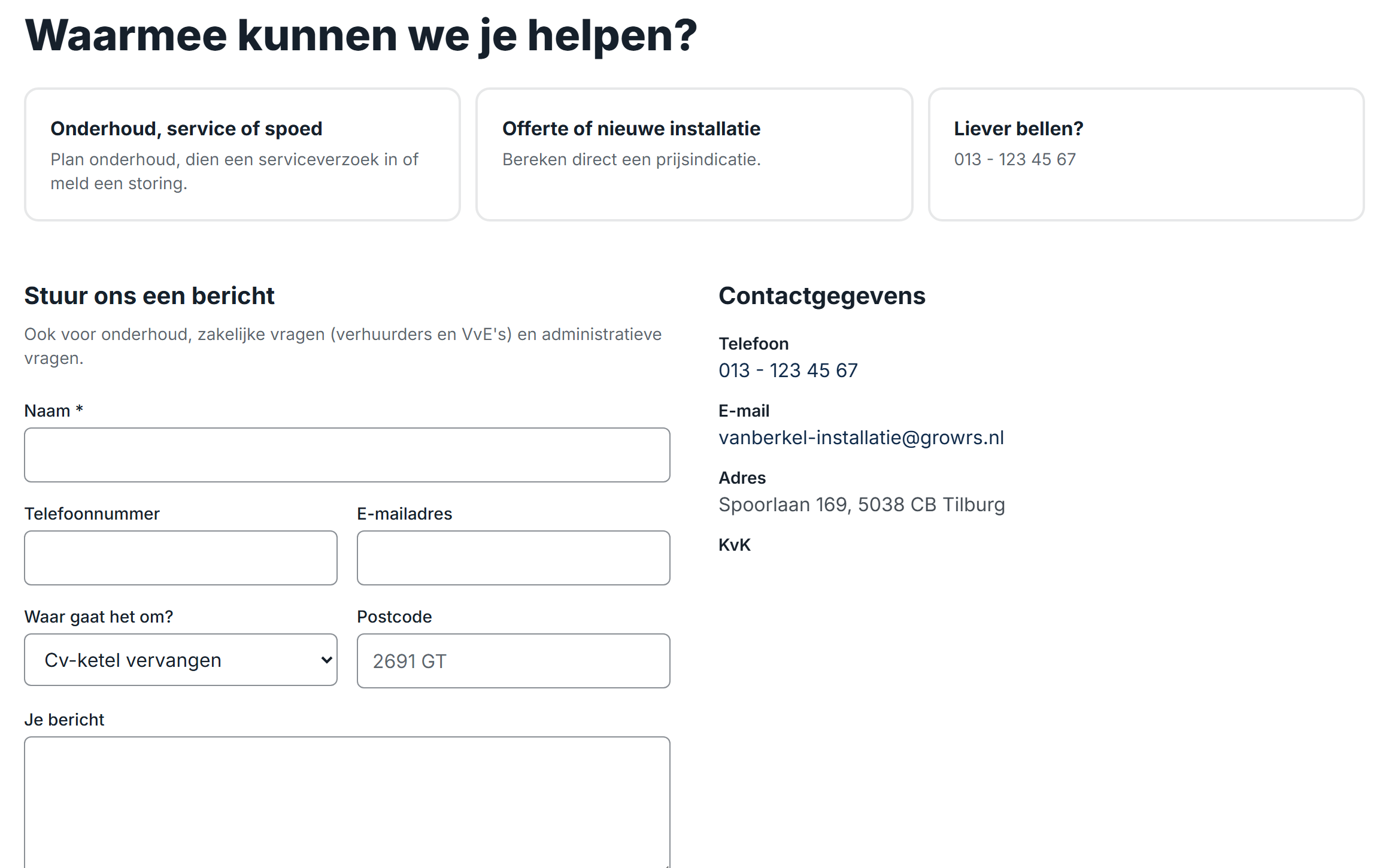 Contactpagina op de demosite: drie routes en een formulier