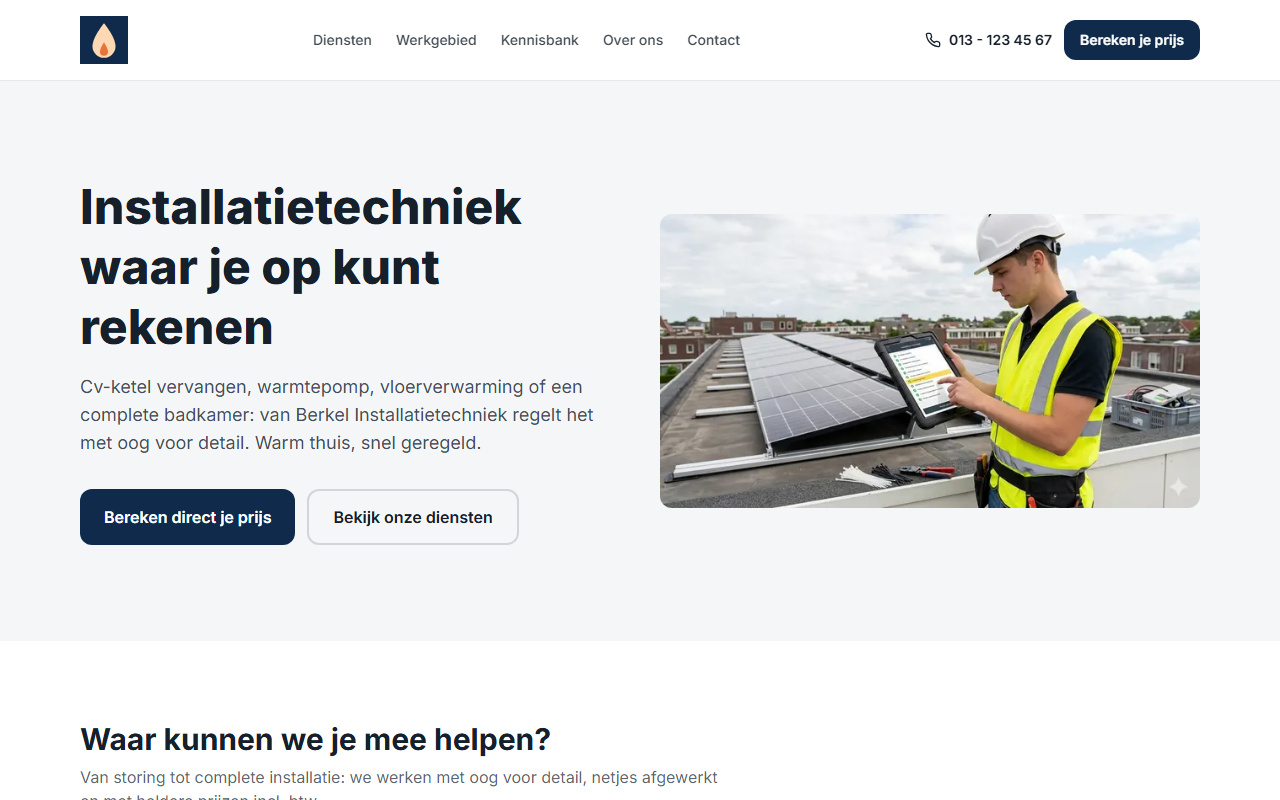 Screenshot van de demosite van Van Berkel Installatietechniek, met de knop om direct een prijs te berekenen