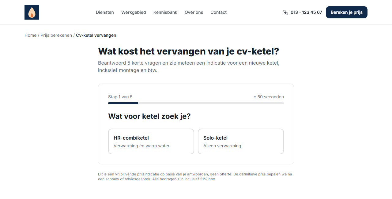 Screenshot van de prijswizard op de demosite: stap 1 van 5, wat voor ketel zoek je