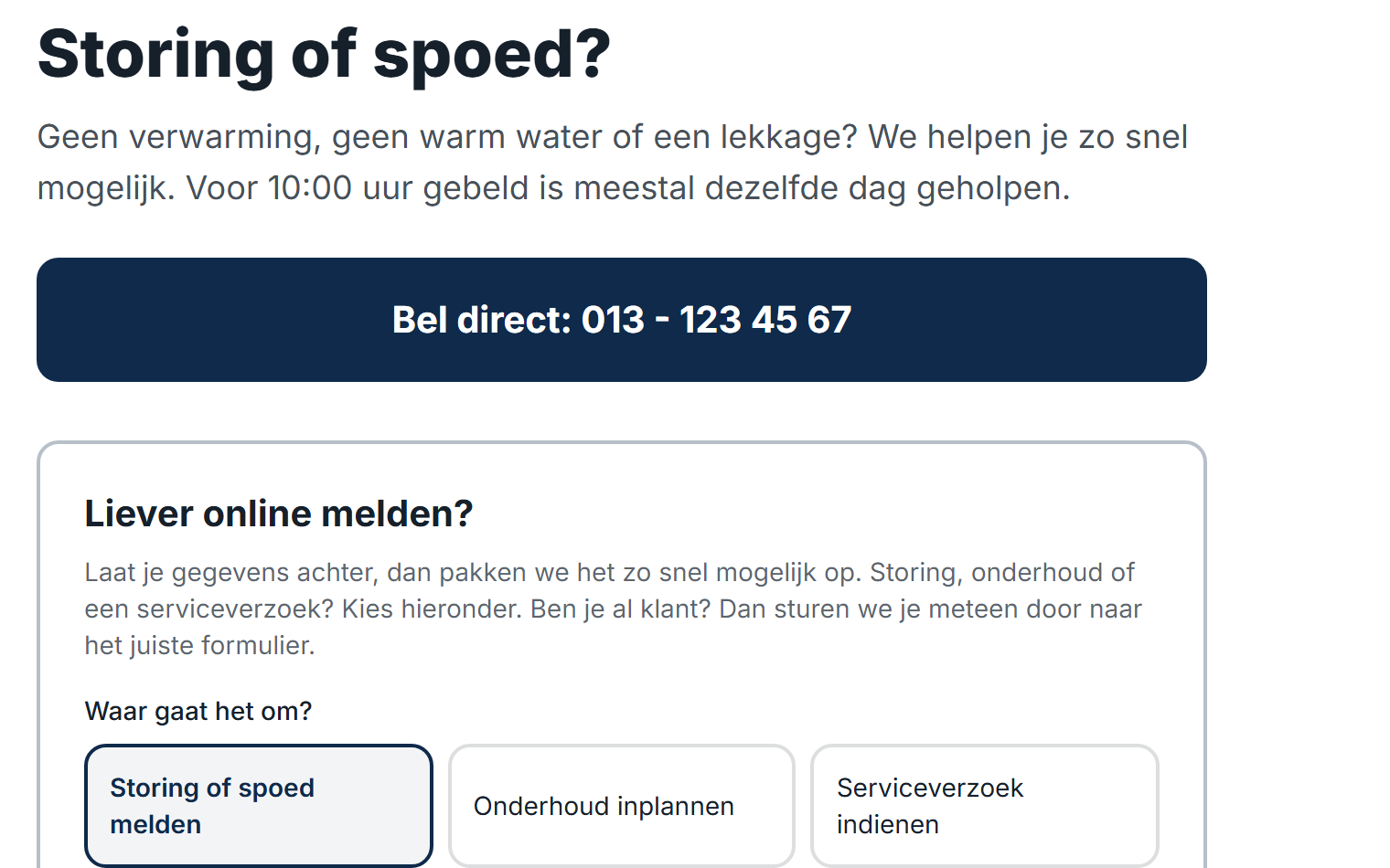 Spoedpagina op de demosite: bel direct, of meld de storing online