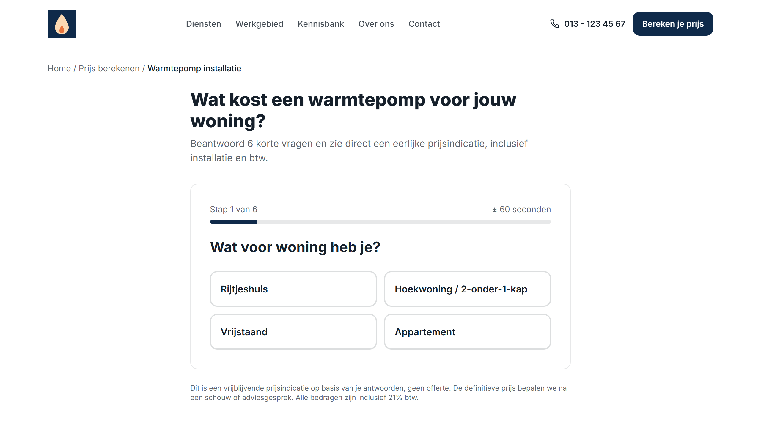 Screenshot van de demosite van Van Berkel: prijswizard voor een warmtepomp, stap 1 van 6, wat voor woning heb je